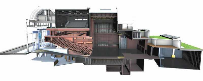 Théâtre national de La Colline. Architectes : V. Fabre et J. Perrottet (avec A. Cattani, N. Napo et M. Raffaelli)